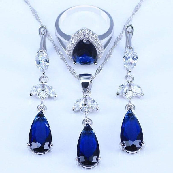 Planet Gates Blue Cubic Zirconia White CZ 925 Silver Jewelry Sets For Women Earrings/Pendant/Necklace/Rings