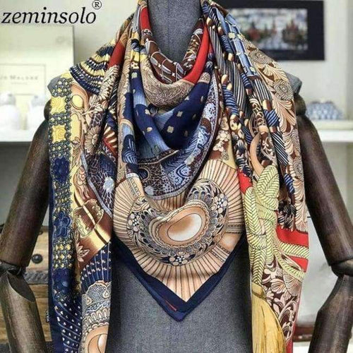 Planet Gates Blue Design Square Silk Scarf Women Foulard Printed Bandana Ladies Shawl Hijab Elegant Headband Ring Scarves Wraps 130*130cm