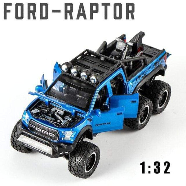 Planet Gates Blue Diecast 1:24 Alloy Car Model Ford F150 Beast Raptor Off-Road Big Size Wheel Metal Vehicle Pull Back Gifts for Children Boys Toys