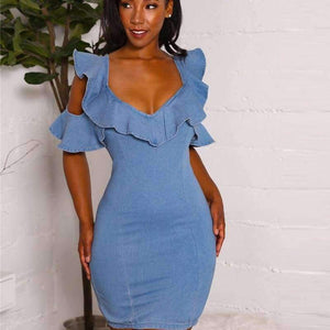 Planet Gates blå kjole / S Sexet V-hals slank denimkjole Moderigtige flæser Kvinder Vintage Bodycon-kjole Blå bandage fest korte kjoler