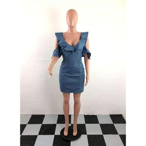 Planet Gates blå kjole / S Sexet V-hals slank denimkjole Moderigtige flæser Kvinder Vintage Bodycon-kjole Blå bandage fest korte kjoler