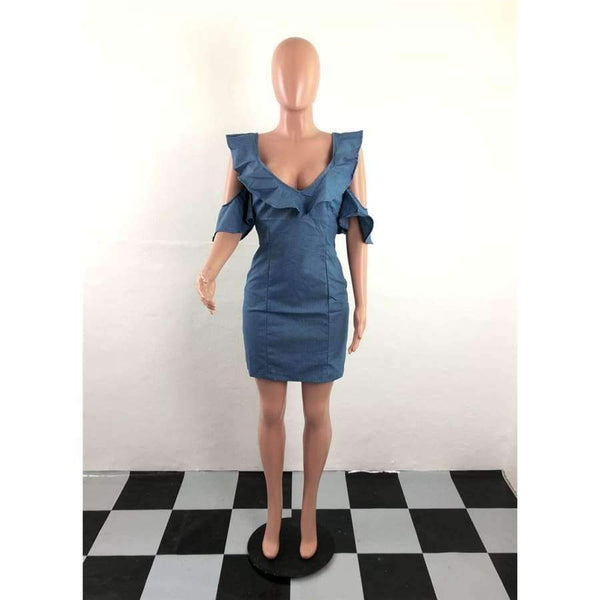 Planet Gates blå kjole / S Sexet V-hals slank denimkjole Moderigtige flæser Kvinder Vintage Bodycon-kjole Blå bandage fest korte kjoler