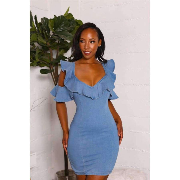 Planet Gates blå kjole / S Sexet V-hals slank denimkjole Moderigtige flæser Kvinder Vintage Bodycon-kjole Blå bandage fest korte kjoler