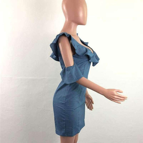 Planet Gates blå kjole / S Sexet V-hals slank denimkjole Moderigtige flæser Kvinder Vintage Bodycon-kjole Blå bandage fest korte kjoler
