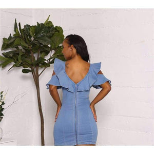 Planet Gates blå kjole / S Sexet V-hals slank denimkjole Moderigtige flæser Kvinder Vintage Bodycon-kjole Blå bandage fest korte kjoler