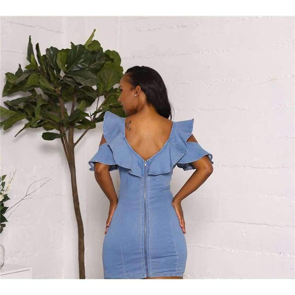 Planet Gates blå kjole / S Sexet V-hals slank denimkjole Moderigtige flæser Kvinder Vintage Bodycon-kjole Blå bandage fest korte kjoler