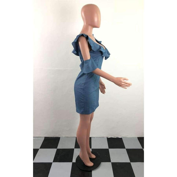 Planet Gates blå kjole / S Sexet V-hals slank denimkjole Moderigtige flæser Kvinder Vintage Bodycon-kjole Blå bandage fest korte kjoler