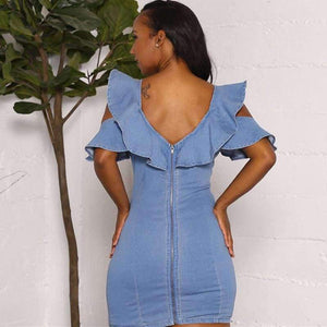 Planet Gates blå kjole / S Sexet V-hals slank denimkjole Moderigtige flæser Kvinder Vintage Bodycon-kjole Blå bandage fest korte kjoler