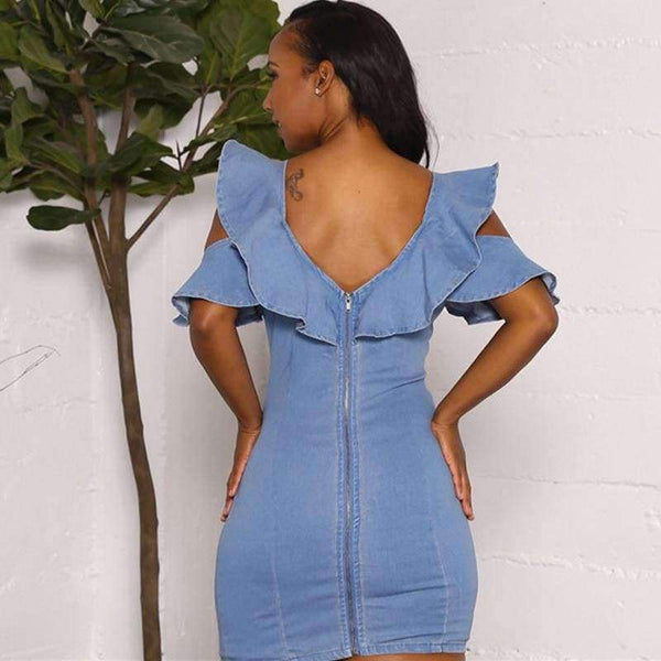 Planet Gates blå kjole / S Sexet V-hals slank denimkjole Moderigtige flæser Kvinder Vintage Bodycon-kjole Blå bandage fest korte kjoler