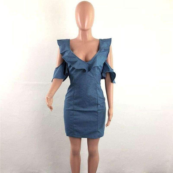 Planet Gates blå kjole / S Sexet V-hals slank denimkjole Moderigtige flæser Kvinder Vintage Bodycon-kjole Blå bandage fest korte kjoler
