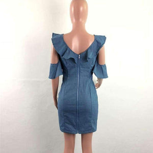 Planet Gates blå kjole / S Sexet V-hals slank denimkjole Moderigtige flæser Kvinder Vintage Bodycon-kjole Blå bandage fest korte kjoler