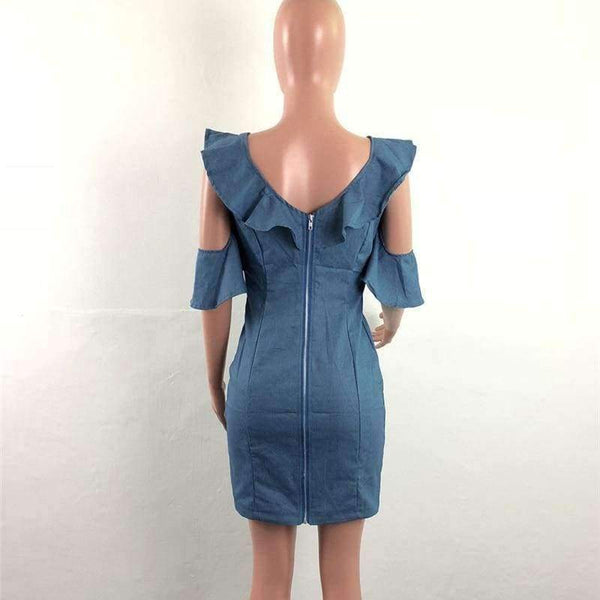 Planet Gates blå kjole / S Sexet V-hals slank denimkjole Moderigtige flæser Kvinder Vintage Bodycon-kjole Blå bandage fest korte kjoler