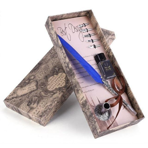 Planet Gates Blue English Calligraphy Feather Dip Pen Writing Ink Set Stationery Gift Box with 5 Nib