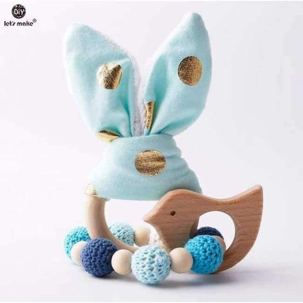 Planet Gates blue gold bunny ear 2pc/1lot Baby Teether Bunny Ear DIY Teething Wooden Bracelets Made Beech Animals Shower Gift Play Gym Toy Baby Rattle