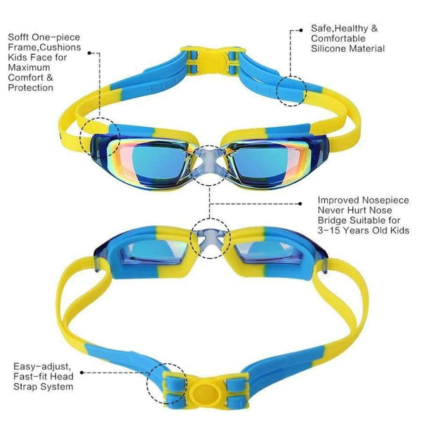 Planet Gates Blue Kids Swimming goggles Anti-Fog UV Protection Swim Glasses with Case,Nose Clip,Earplugs for Boys Girls training in swimming pool