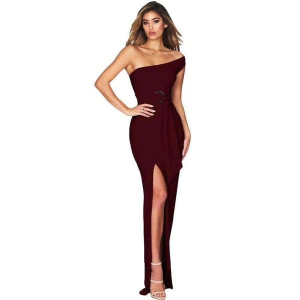 Planet Gates Blue / L An elegant dress in solid color with a high-waisted, slanted neckline and a long, slit dress