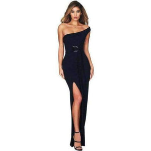 Planet Gates Blue / L An elegant dress in solid color with a high-waisted, slanted neckline and a long, slit dress