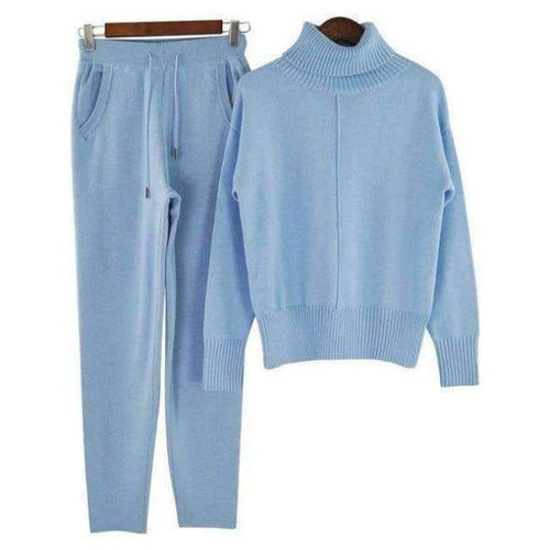 Planet Gates Blue / L Autumn Winter Warm Woolen and Cashmere Knitted Suits Loose Turtleneck Sweater + Wide Leg Cashmere Pants Two-piece Set Knit