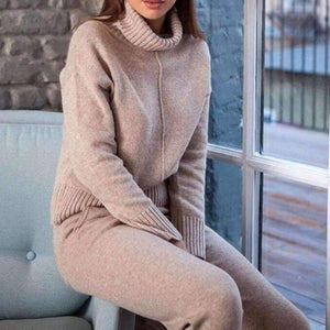 Planet Gates Blue / L Autumn Winter Warm Woolen and Cashmere Knitted Suits Loose Turtleneck Sweater + Wide Leg Cashmere Pants Two-piece Set Knit