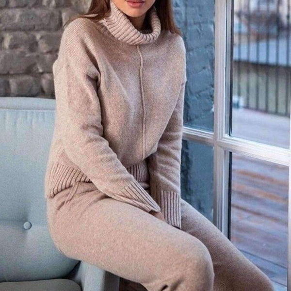 Planet Gates Blue / L Autumn Winter Warm Woolen and Cashmere Knitted Suits Loose Turtleneck Sweater + Wide Leg Cashmere Pants Two-piece Set Knit