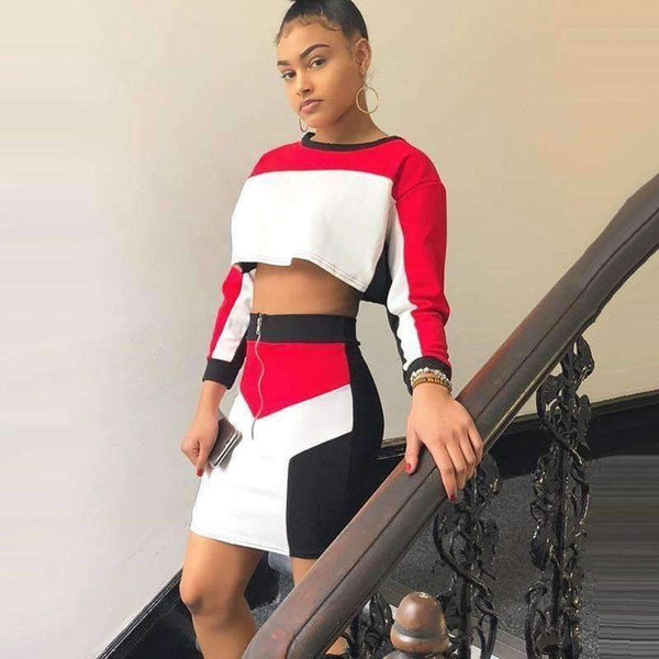 Planet Gates Blue / L Colors Patchwork Fashion Two Piece Dress Women 2018 Autumn Long Sleeve Cropped Tops Bodycon Skirts Robe Women Sets