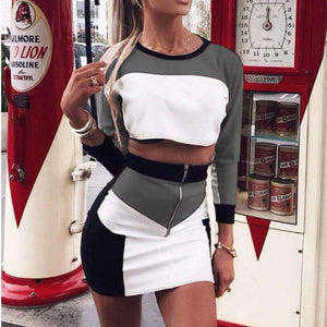 Planet Gates Blue / L Colors Patchwork Fashion Two Piece Dress Women 2018 Autumn Long Sleeve Cropped Tops Bodycon Skirts Robe Women Sets