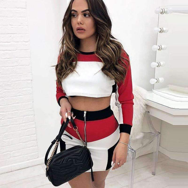 Planet Gates Blue / L Colors Patchwork Fashion Two Piece Dress Women 2018 Autumn Long Sleeve Cropped Tops Bodycon Skirts Robe Women Sets