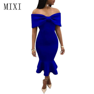 Planet Gates Blue / L MIXI Vestidos 2018 Elegant Party Dress Women Blue Red Black Bow Cape Off Shoulder Mermaid Dress Vintage Ruffles Bodycon Dresses