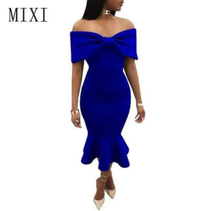 Planet Gates Blue / L MIXI Vestidos 2018 Elegant Party Dress Women Blue Red Black Bow Cape Off Shoulder Mermaid Dress Vintage Ruffles Bodycon Dresses