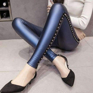 Planet Gates Blue / L PU Faux Leather leggings Women Fashion 2018 Winter Fleece Matte Rivets Push Up Pencil Pants Female Slim Lady Leggins Mujer