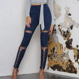 Planet Gates Blue / L Suede Leather Pants 2018 New Autumn High Waist Lace Up Stretch Skinny Bodycon Pencil Leggings Pants Bandage Pants Women