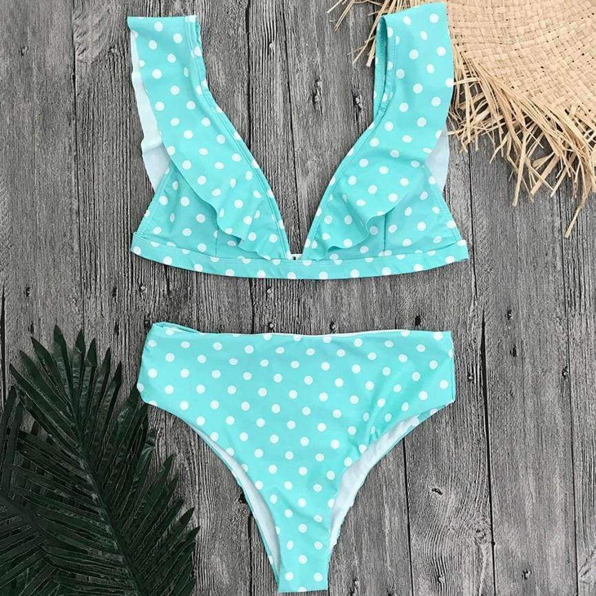 Planet Gates Blue / L Swimwear 6 Color Sexy Dot Ruffles Two Pieces Bikini Swimsuit Casual Bathing Tops for Summer Beach Party 18May10