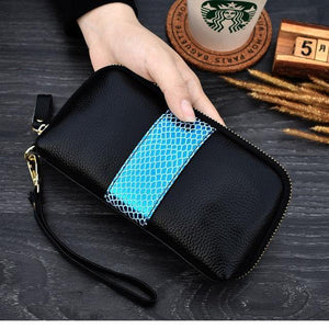 Planet Gates Blue Ladies genuine leather clutch purses panelled Long Women Wallet Zipper wrist bag female Coin Purse Mobile phone bag bolsa