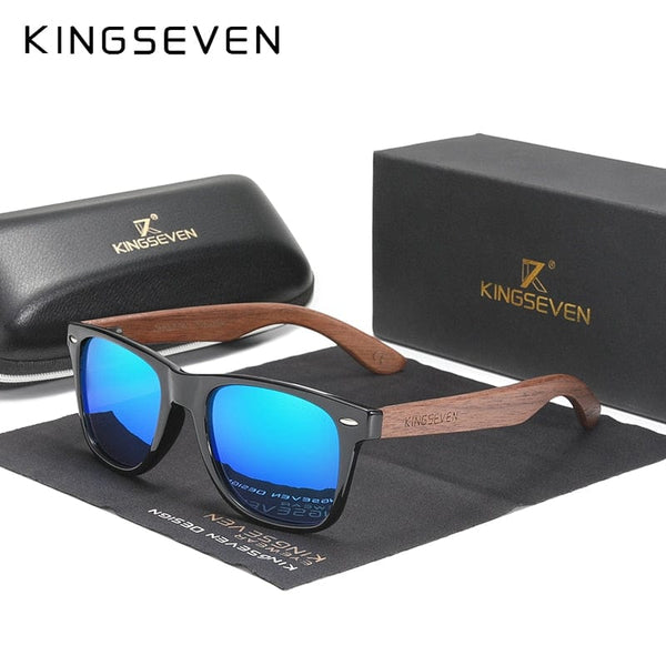 Planet Gates Blue Leather case / China / Original Polarized KINGSEVEN New Black Walnut Sunglasses Wood Polarized Sunglasses Men's Glasses Handmade UV400 Protection Eyewear Retro Wooden Box
