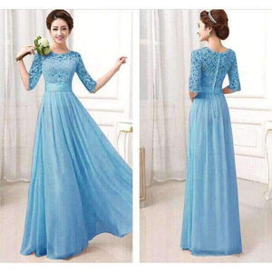 Planet Gates Blue long dress / XXL Girl Long Wedding Party Dress 2018 Women White Hollow Bridesmaid Half Sleeve Pleated Chiffon Maxi Lace Dresses New Autumn