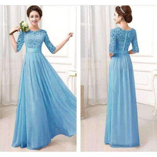 Planet Gates Blue long dress / XXL Girl Long Wedding Party Dress 2018 Women White Hollow Bridesmaid Half Sleeve Pleated Chiffon Maxi Lace Dresses New Autumn