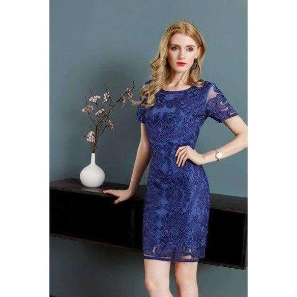 Planet Gates blue / M Dress Vestidos De Feta Women O-Neck Allover Appliques Embroidery Short Sleeve Bodycon Dark Blue Pink Dress Events Party