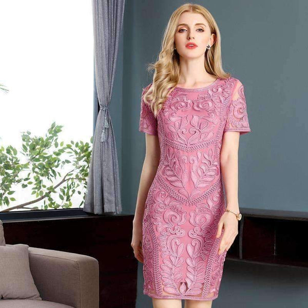 Planet Gates blue / M Dress Vestidos De Feta Women O-Neck Allover Appliques Embroidery Short Sleeve Bodycon Dark Blue Pink Dress Events Party