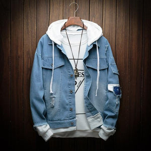 Planet Gates blue / M Hooded Denim Jacket Men Fashion Fake Two Pieces Of Streetwear Bomber Jacket and Coat Man