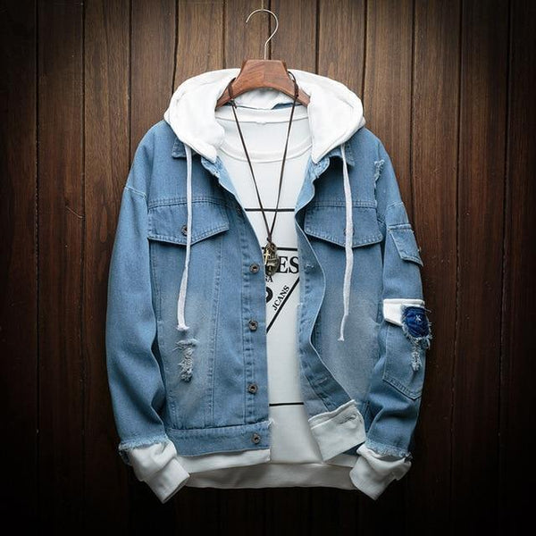 Planet Gates blue / M Hooded Denim Jacket Men Fashion Fake Two Pieces Of Streetwear Bomber Jacket and Coat Man