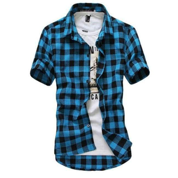 Planet Gates Blue / M Red And Black Plaid Shirt Men Shirts 2017 New Summer Spring Fashion Chemise Homme Mens Dress Shirts Short Sleeve Shirt Men