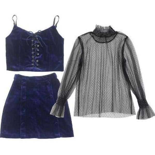 Planet Gates Blue / M Sexy 3 Piece Sets European Mesh Blusa + Velvet Cami + Velvert Skirts Fashion Women Sets 2018 Autumn New