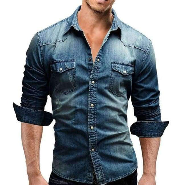 Planet Gates Blue / M VERTVIE Men Shirt Brand 2018 Male Long Sleeve Shirts Casual Solid Color Denim Slim Fit Dress Shirts Mens 3XL Clothes