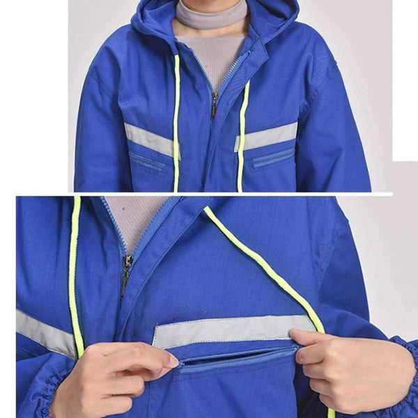 Planet Gates blue male / S Men Women Coveralls Long Sleeve Hooded Reflective strip Overalls Auto Repair Engineering Spray Paint Workwear Working Uniforms
