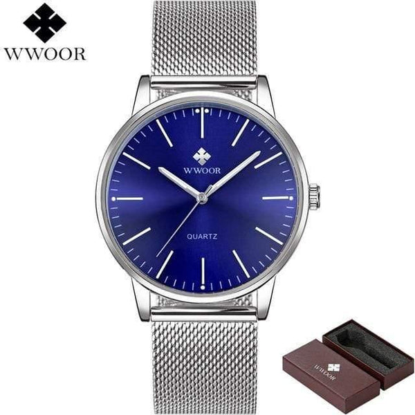 Planet Gates Blue Men Simple Slim Quartz Watch Gold Steel Mesh Ultra Thin Men Watches Luxury Brand Waterproof Male Wrist Watch Golden Clock