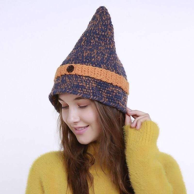Planet Gates Blue / One Size Mingjiebihuo New small pointed button wool hat ladies autumn and winter handmade knit hat point witch hat women girls