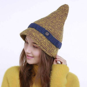 Planet Gates Blue / One Size Mingjiebihuo New small pointed button wool hat ladies autumn and winter handmade knit hat point witch hat women girls