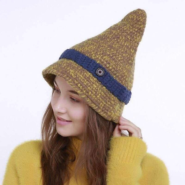 Planet Gates Blue / One Size Mingjiebihuo New small pointed button wool hat ladies autumn and winter handmade knit hat point witch hat women girls