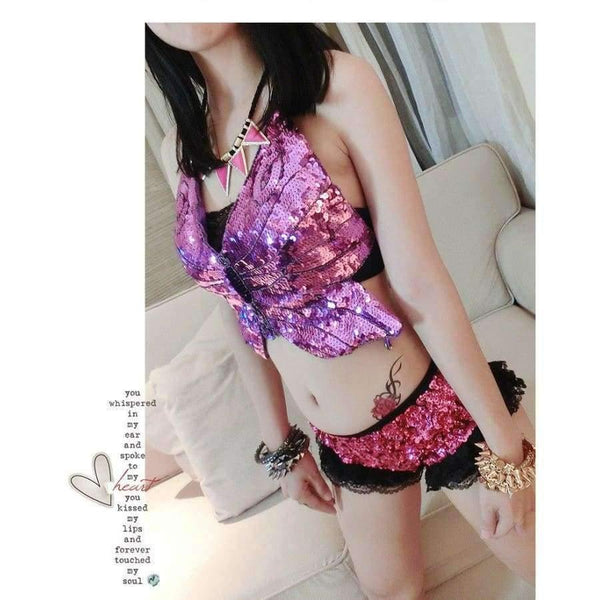 Planet Gates Blue / One Size Sexy Nigthclub DS Stage Dance Costume Sexy Exotic Backless Bandage Bra Women Sequin Jazz Dancewear Costume Top