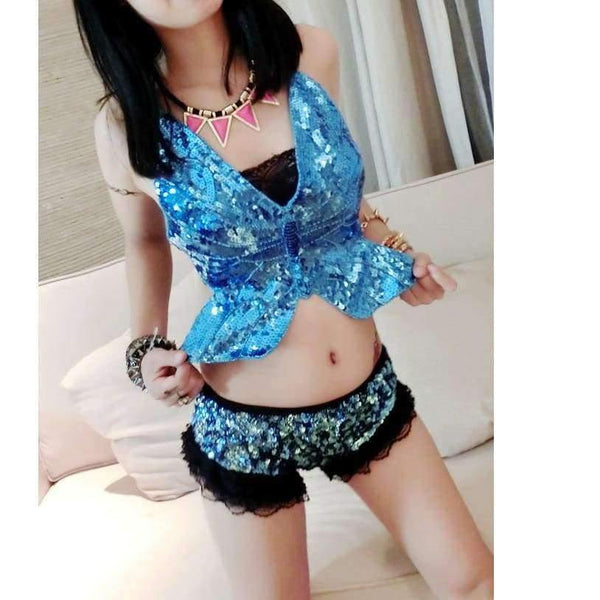 Planet Gates Blue / One Size Sexy Nigthclub DS Stage Dance Costume Sexy Exotic Backless Bandage Bra Women Sequin Jazz Dancewear Costume Top